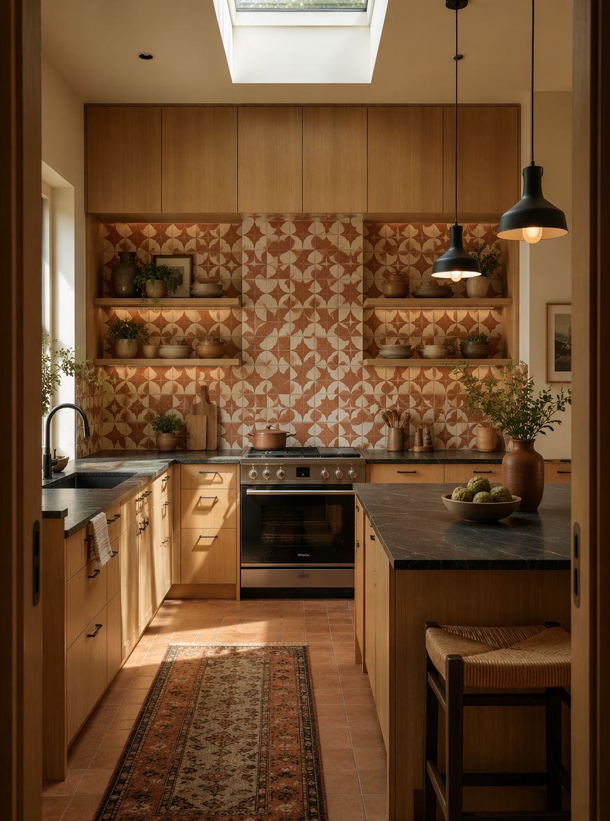 Azulejo zellige terracota, estantes abiertos a los lados de la cocina