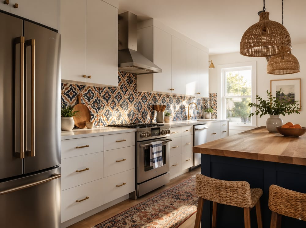 Azulejo motivo marroquí, herrajes de latón en toda la cocina