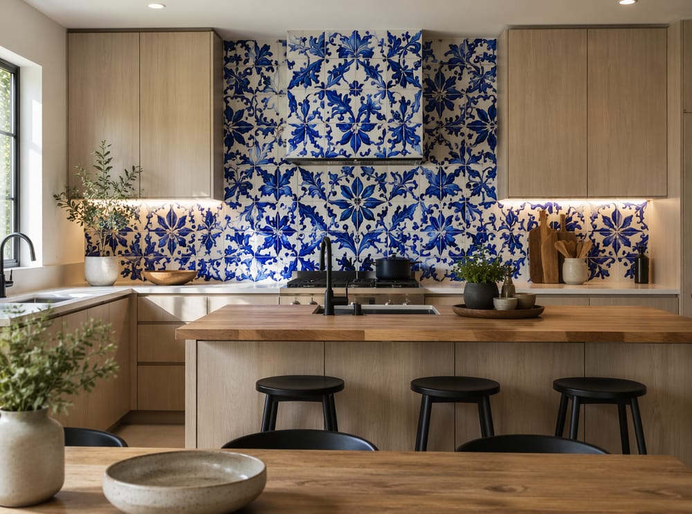 Azulejo azul cobalto pintado a mano, gabinetes de fresno