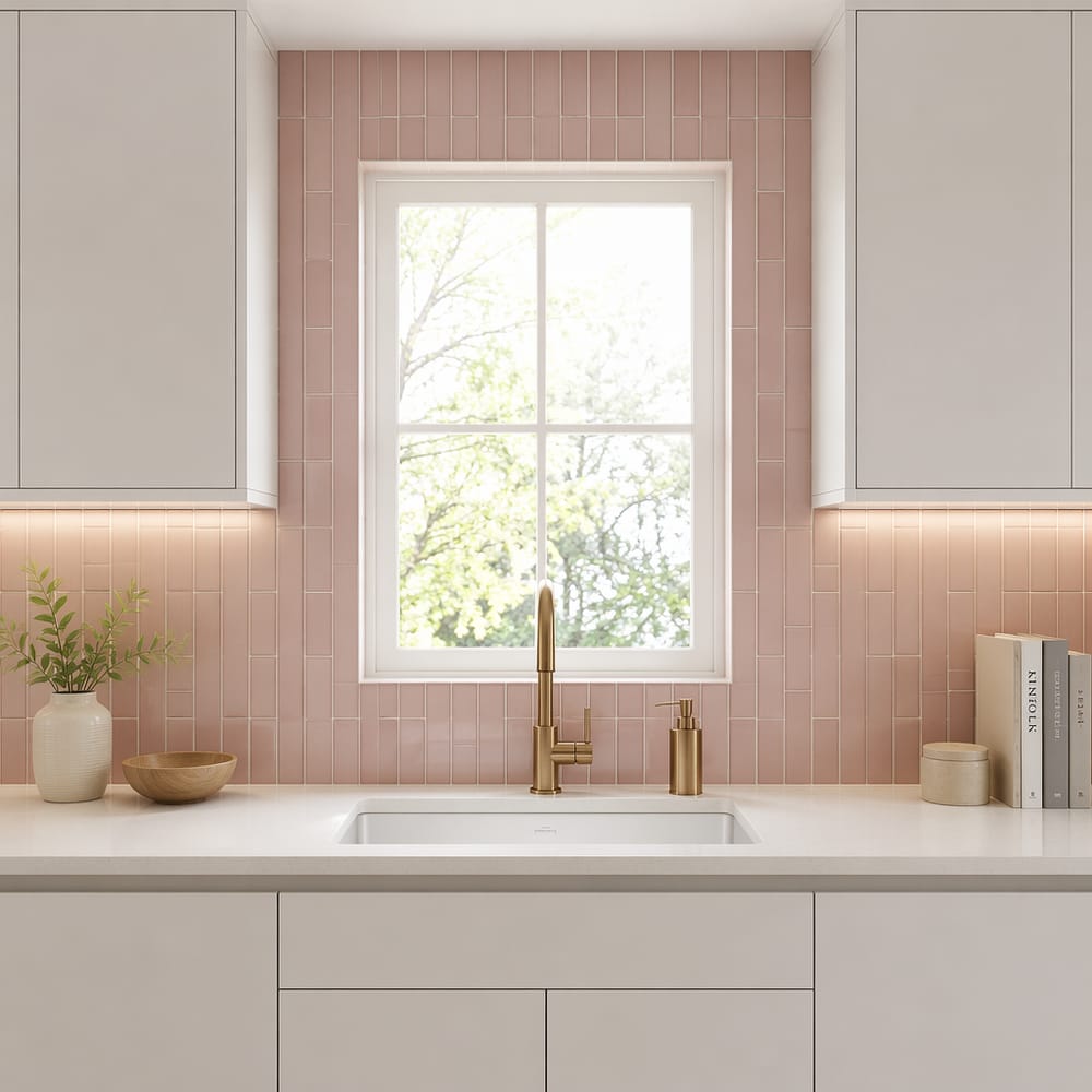 Azulejo mate rosa empolvado, ventana centrada sobre el fregadero