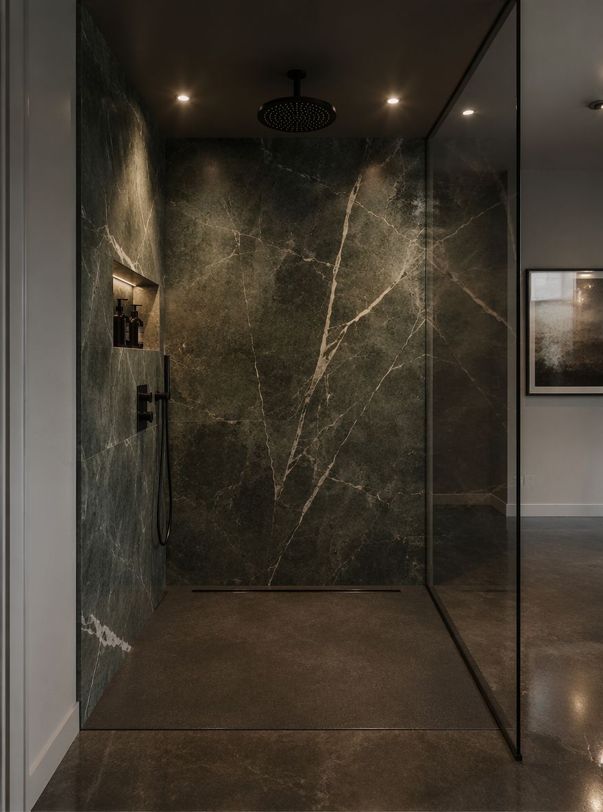 Ducha interior de mármol verde oscuro tipo walk-in