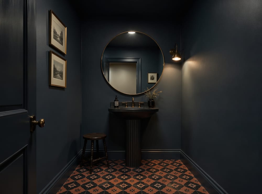Baño de visitas azul pizarra profundo con lavabo pedestal