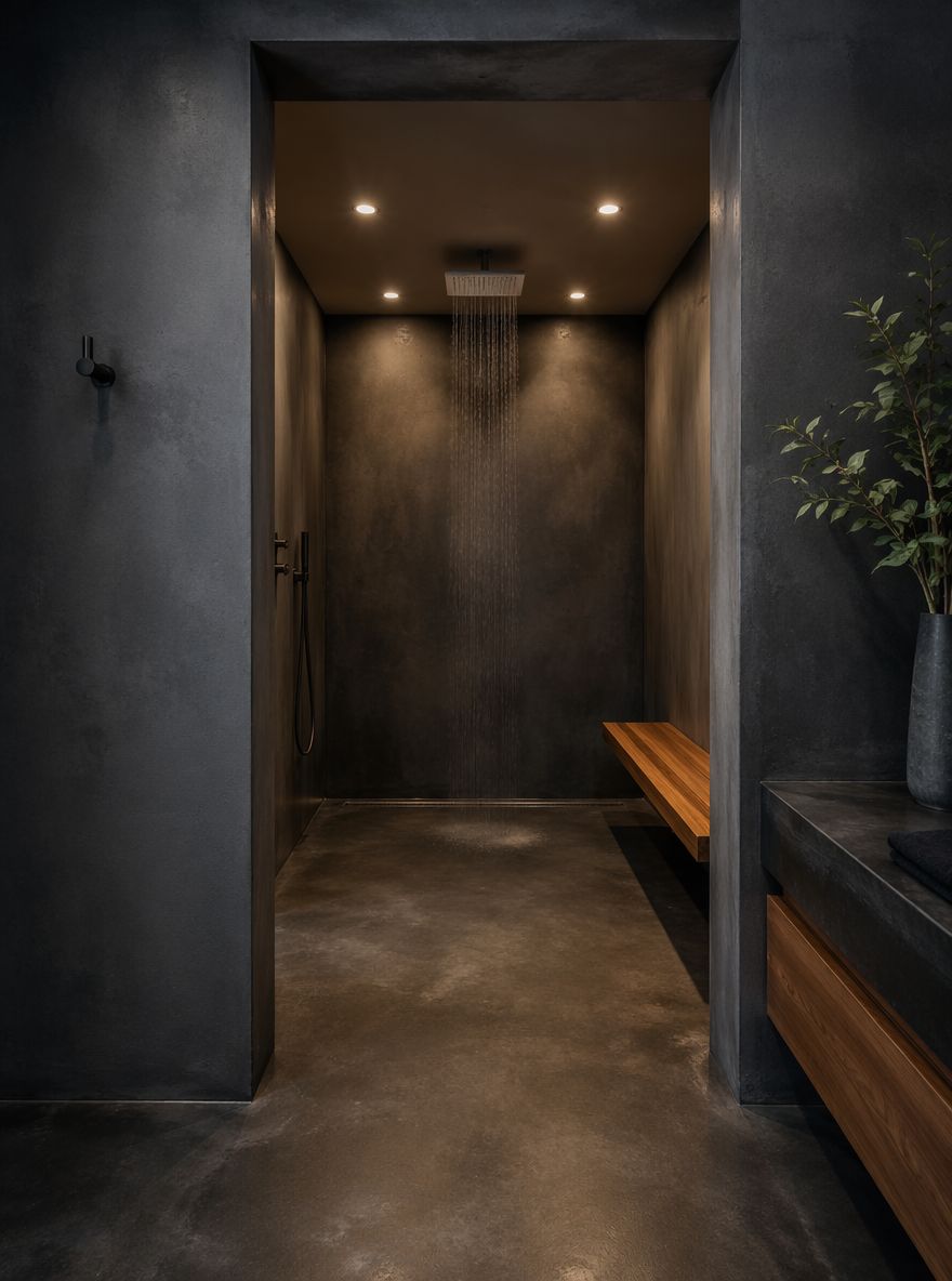 Baño húmedo de concreto oscuro con ducha tipo lluvia de techo