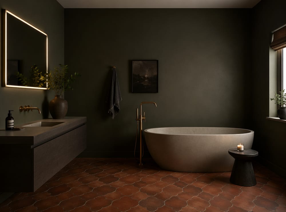 Paredes verde salvia con tina de resina color putty
