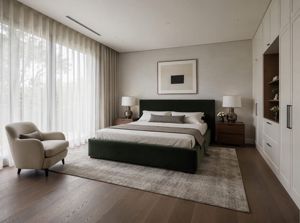 Forest green velvet bed with integrated cabinetry