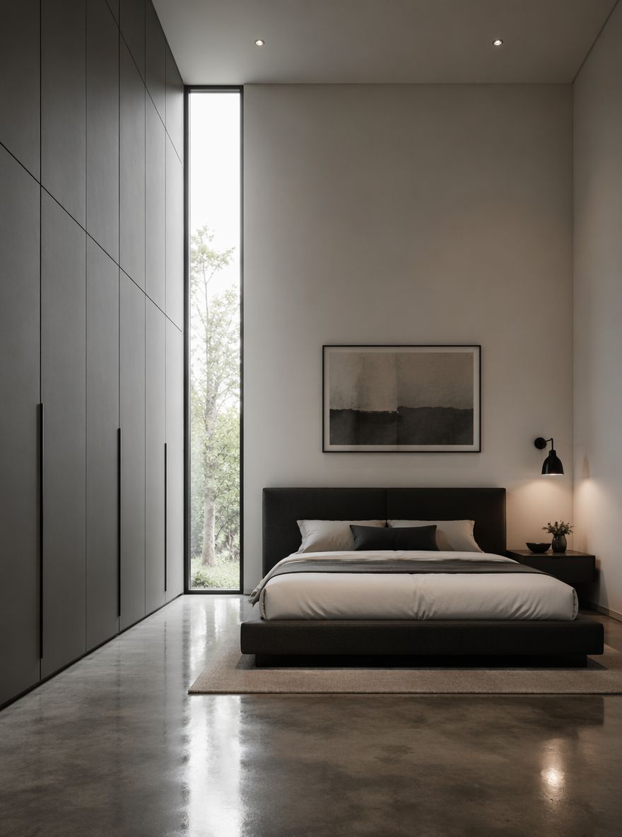 Floor-to-ceiling wardrobe beside slim headboard