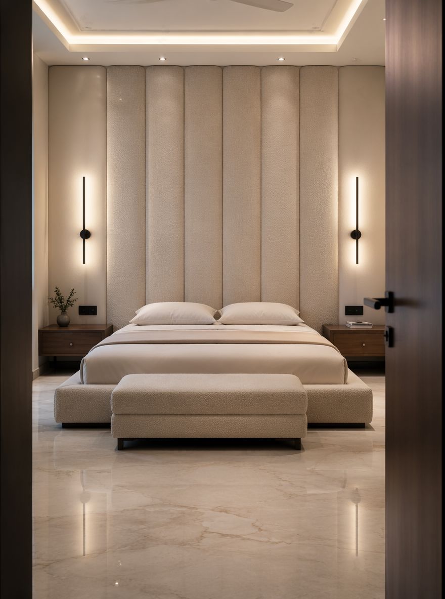 Upholstered feature wall with matte black sconces