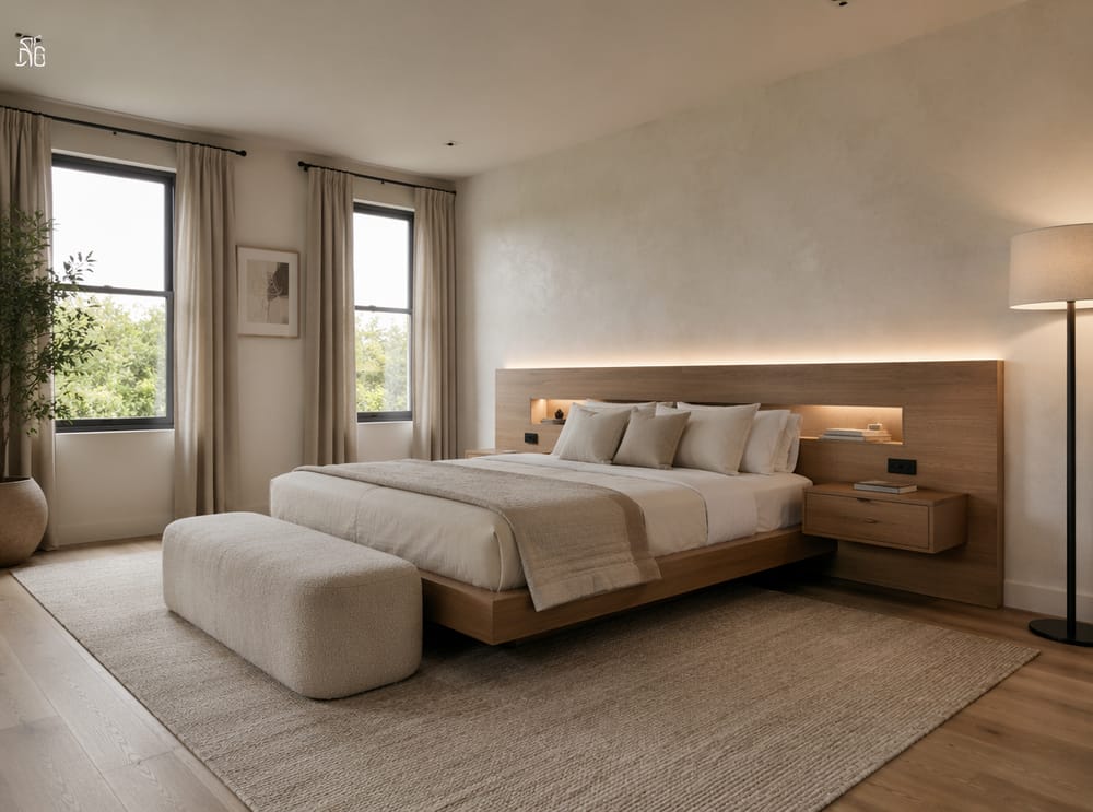 Floating oak bed with hidden-compartment headboard
