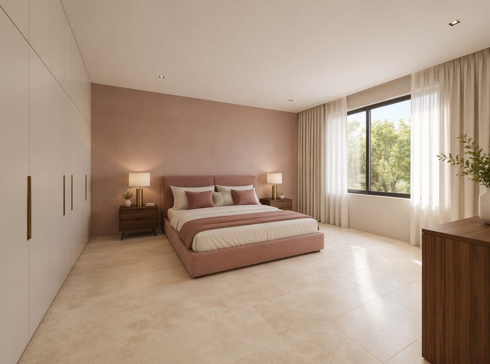 Dusty rose bed against travertine tile floor