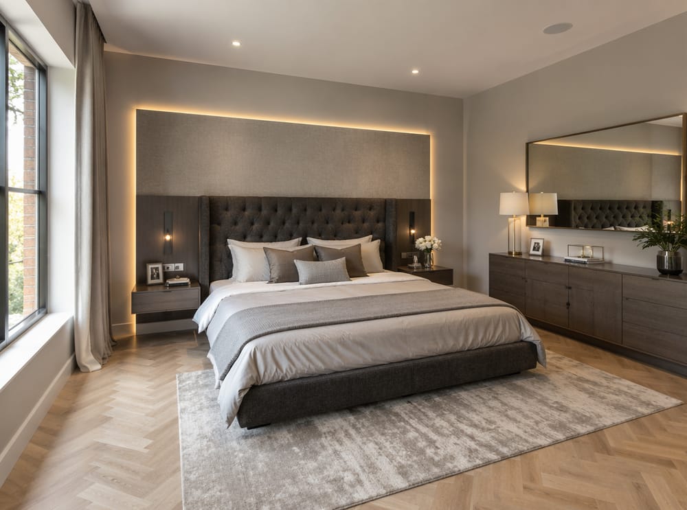 Built-in wall panel with integrated nightstand shelves