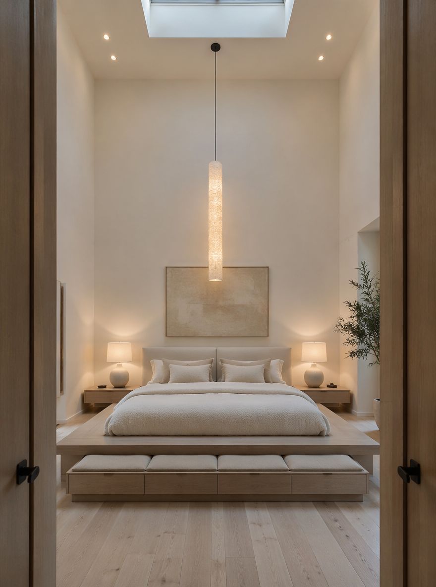 Pendant drop over low bouclé platform bed