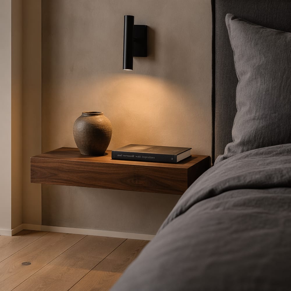 Floating walnut shelf as bedside surface