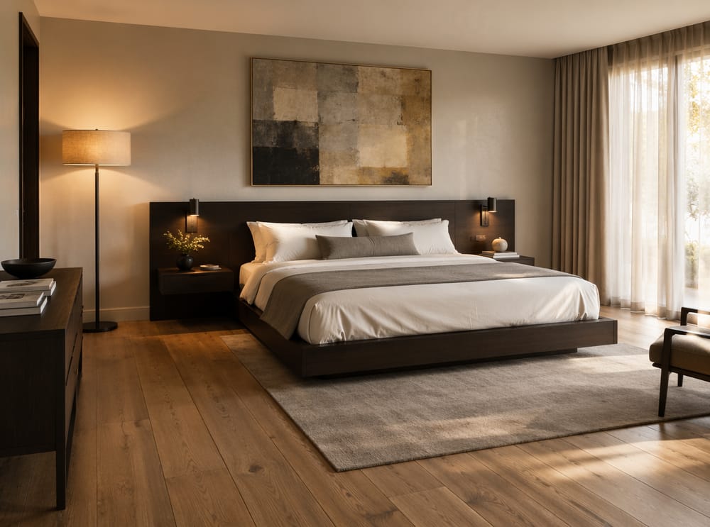 Espresso oak bed beneath muted abstract painting