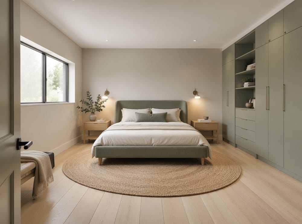 Sage linen headboard with matching lacquer cabinetry