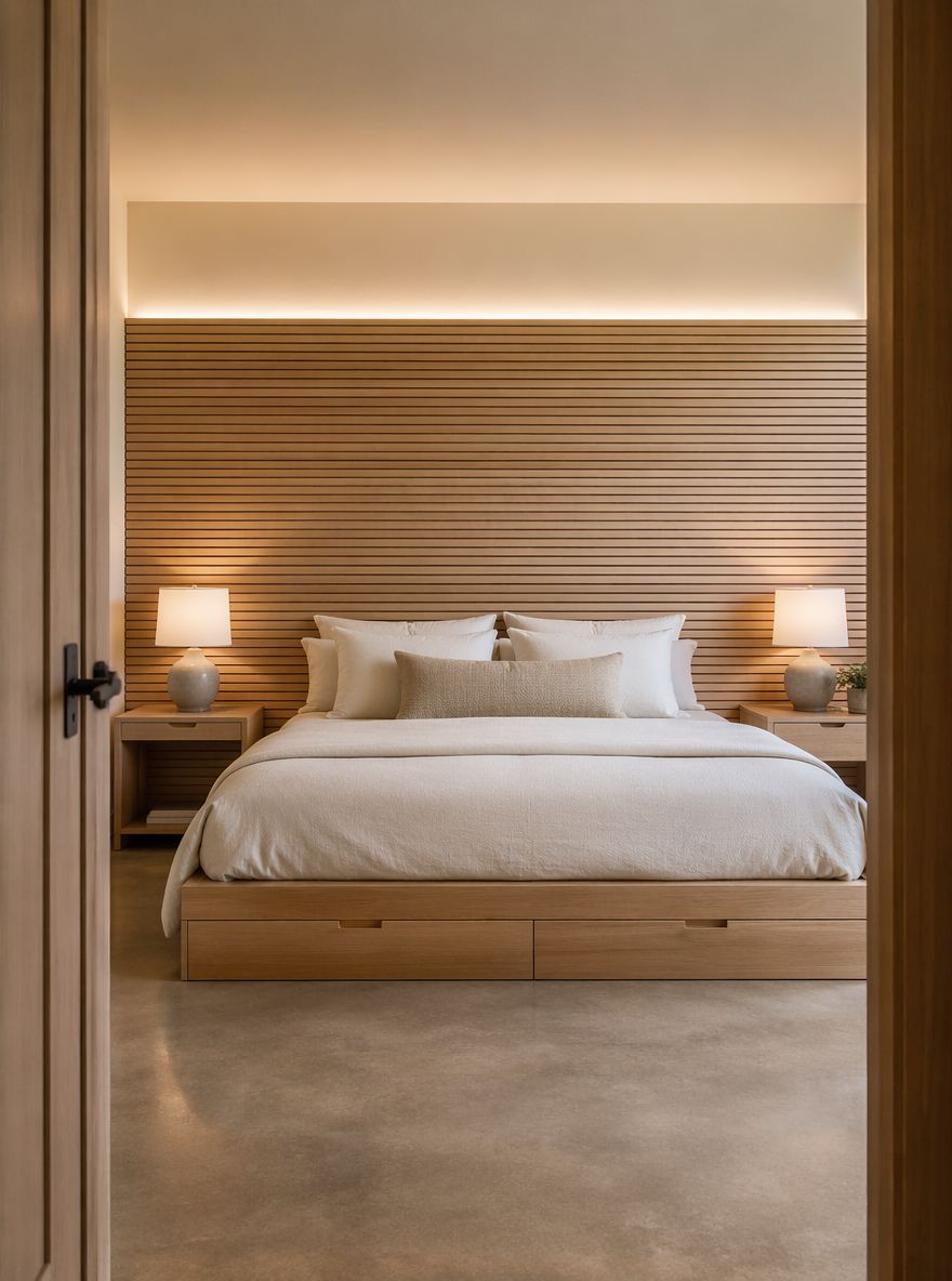 Slatted oak headboard with under-bed storage drawers