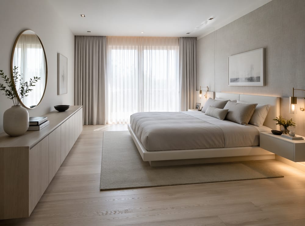 Matte white lacquer bed with brass-framed round mirror