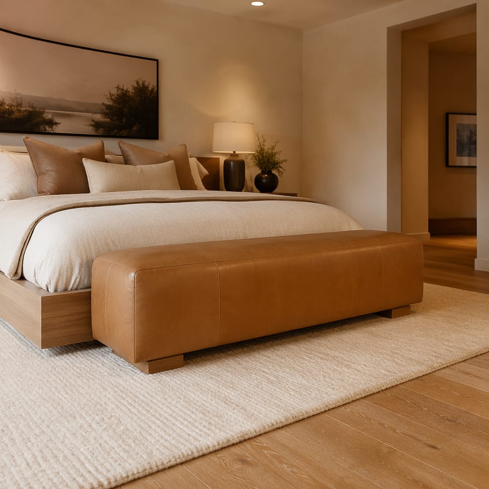 Caramel leather bench at foot of platform bed