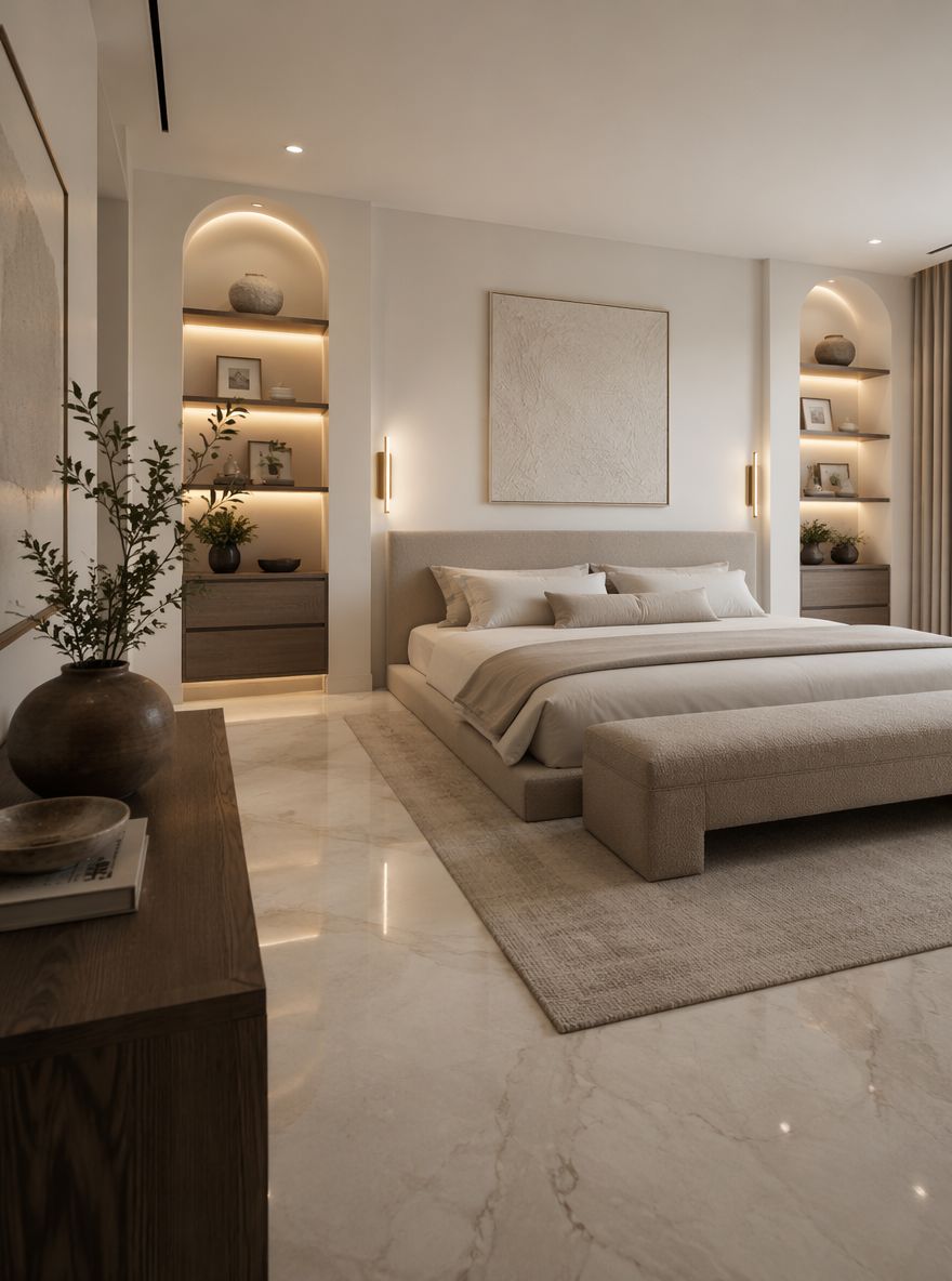 Recessed lit niches flanking mushroom bouclé headboard