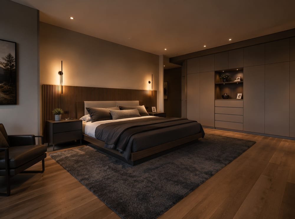 Smoked oak headboard and floor in tonal harmony