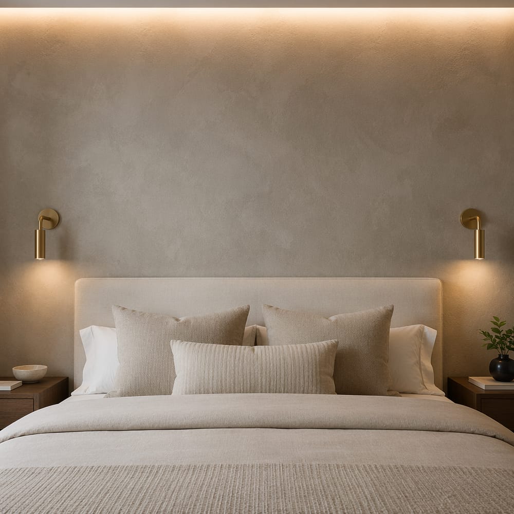 Textured plaster panel with brass sconces above bed