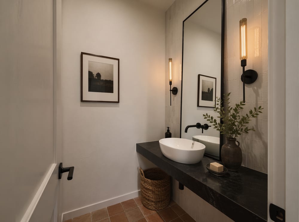 Vessel sink on honed black marble shelf