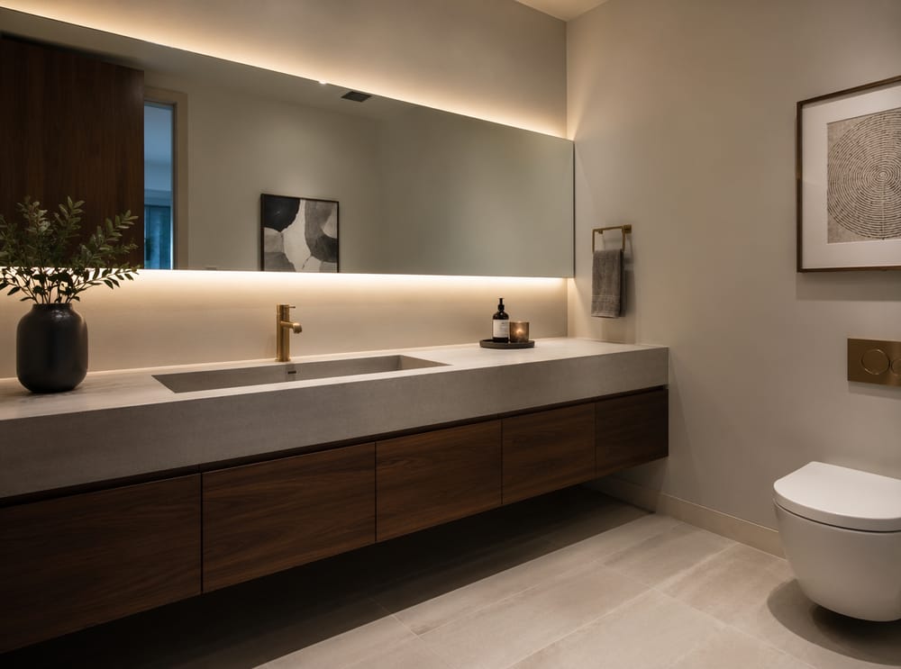Concrete basin with concealed LED mirror lighting