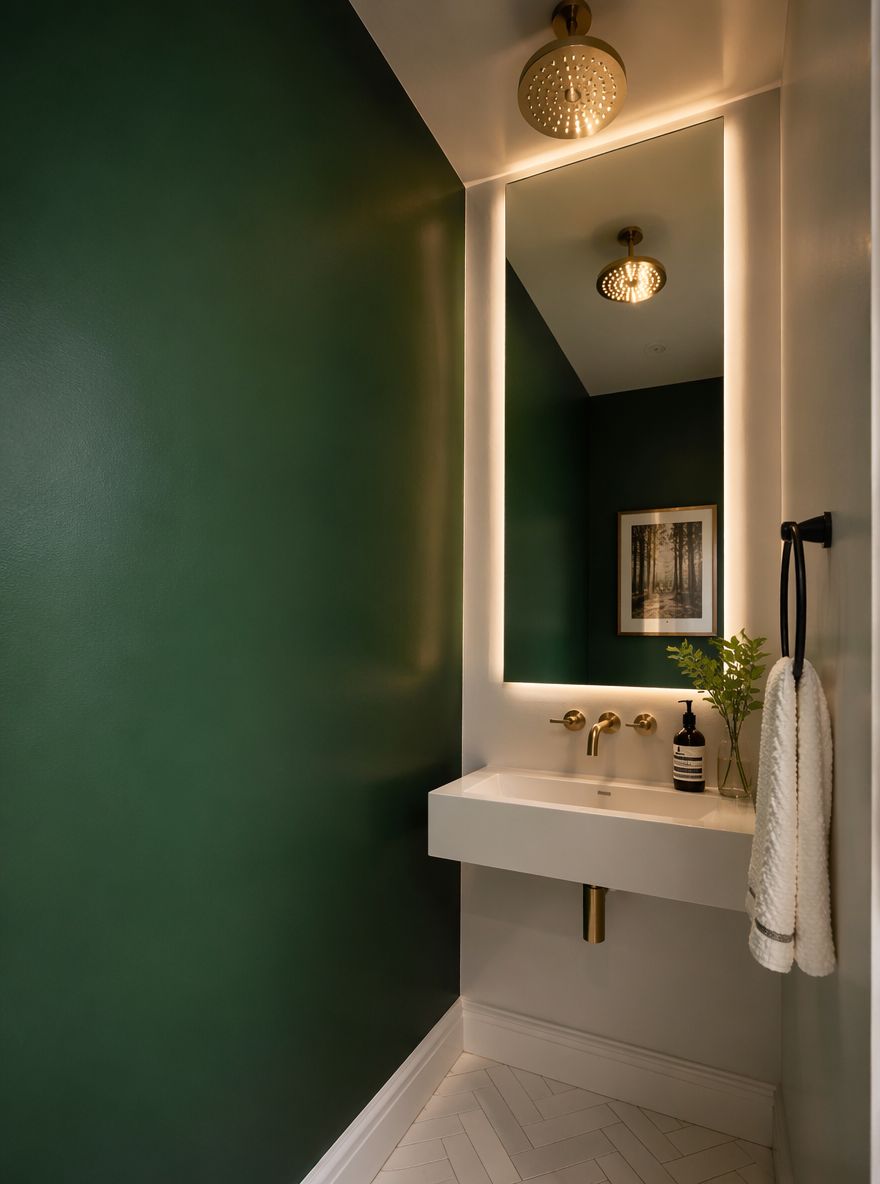 Emerald wall with backlit mirror above basin