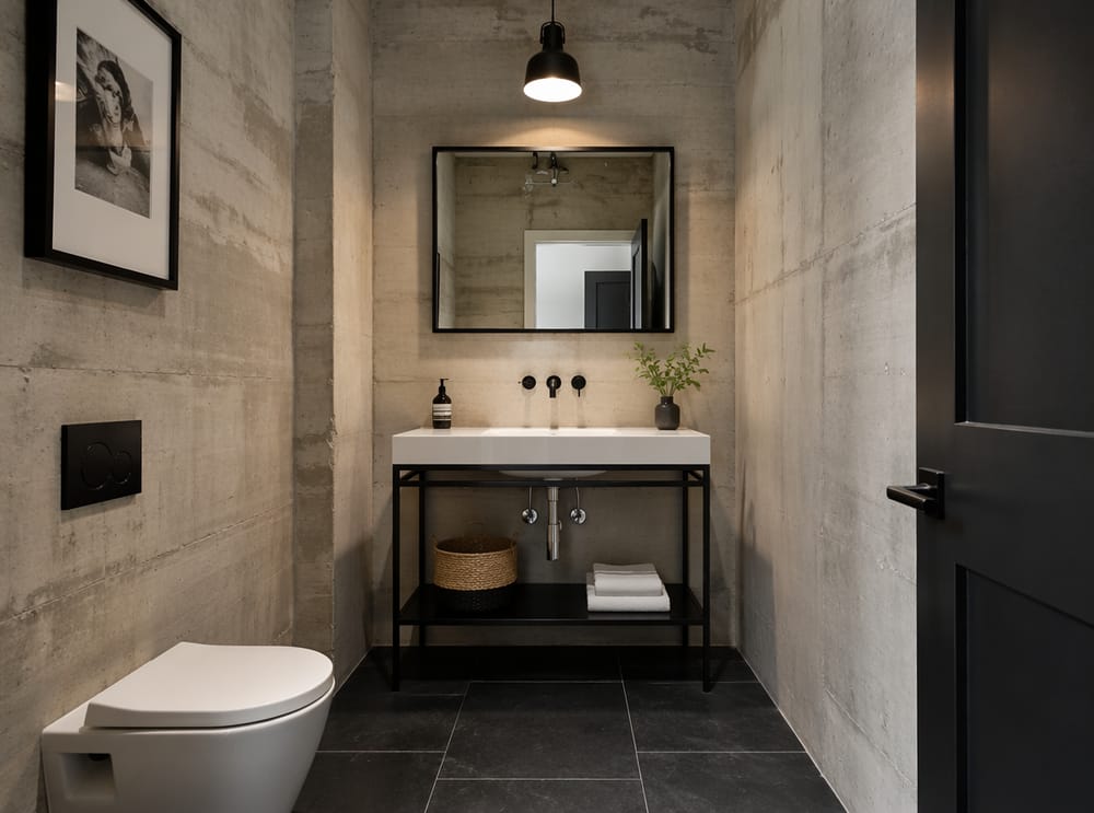 Steel console sink against raw concrete walls