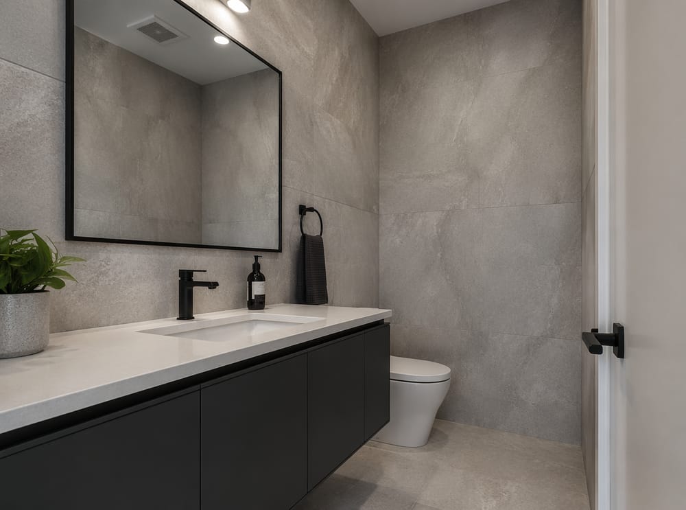Charcoal cabinet with floor-to-ceiling grey tile