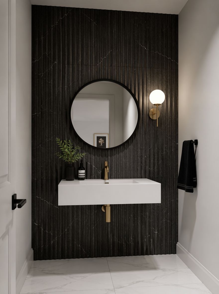 Fluted black stone tile with white basin