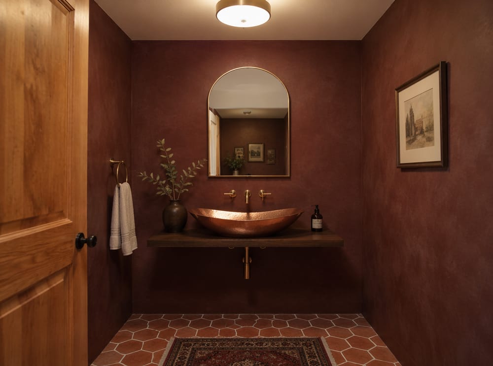 Hammered copper basin on dark walnut shelf