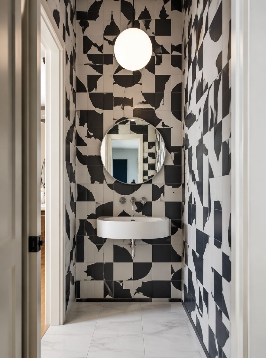 Graphic geometric tile rising to ceiling height