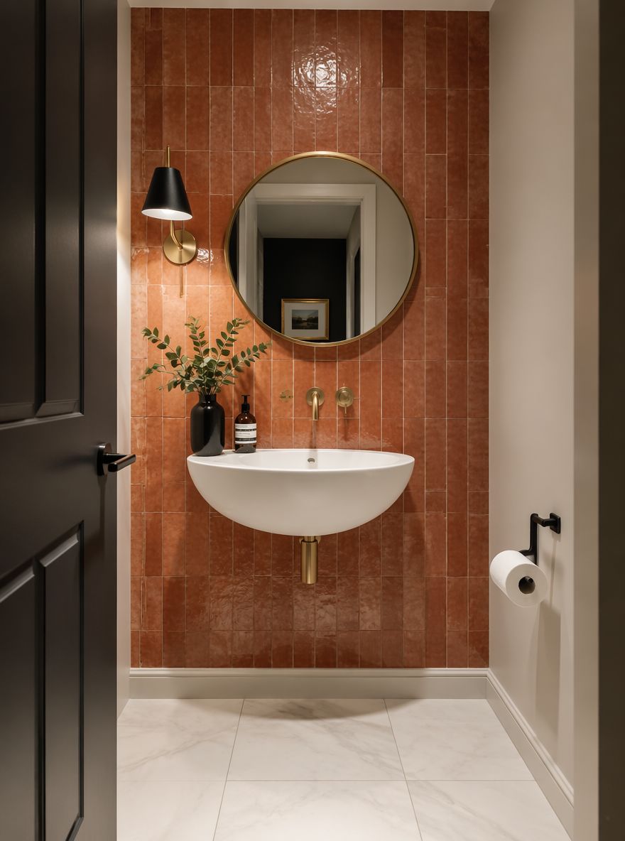 Terracotta zellige tile with brass oval basin