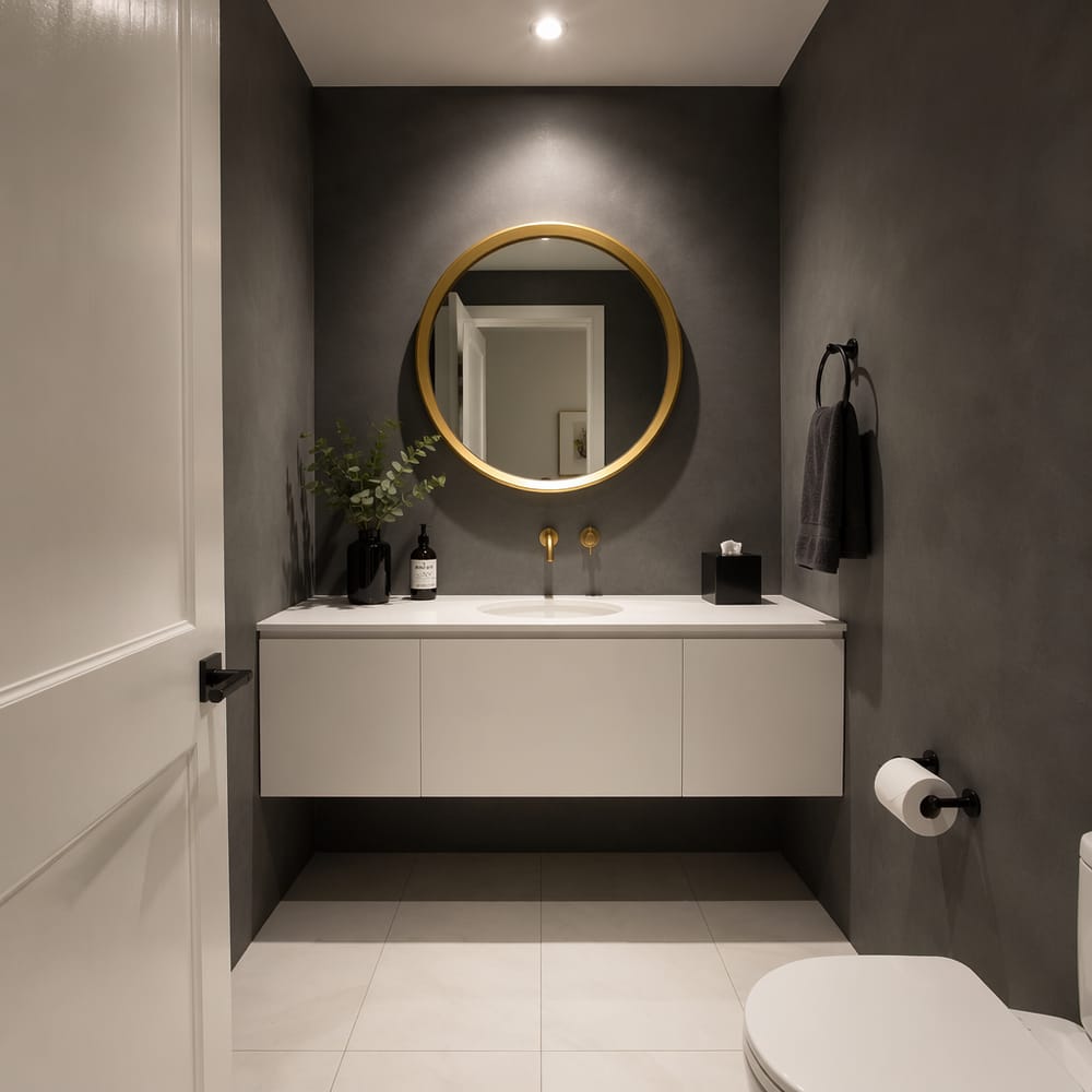 Round gold mirror against deep charcoal plaster