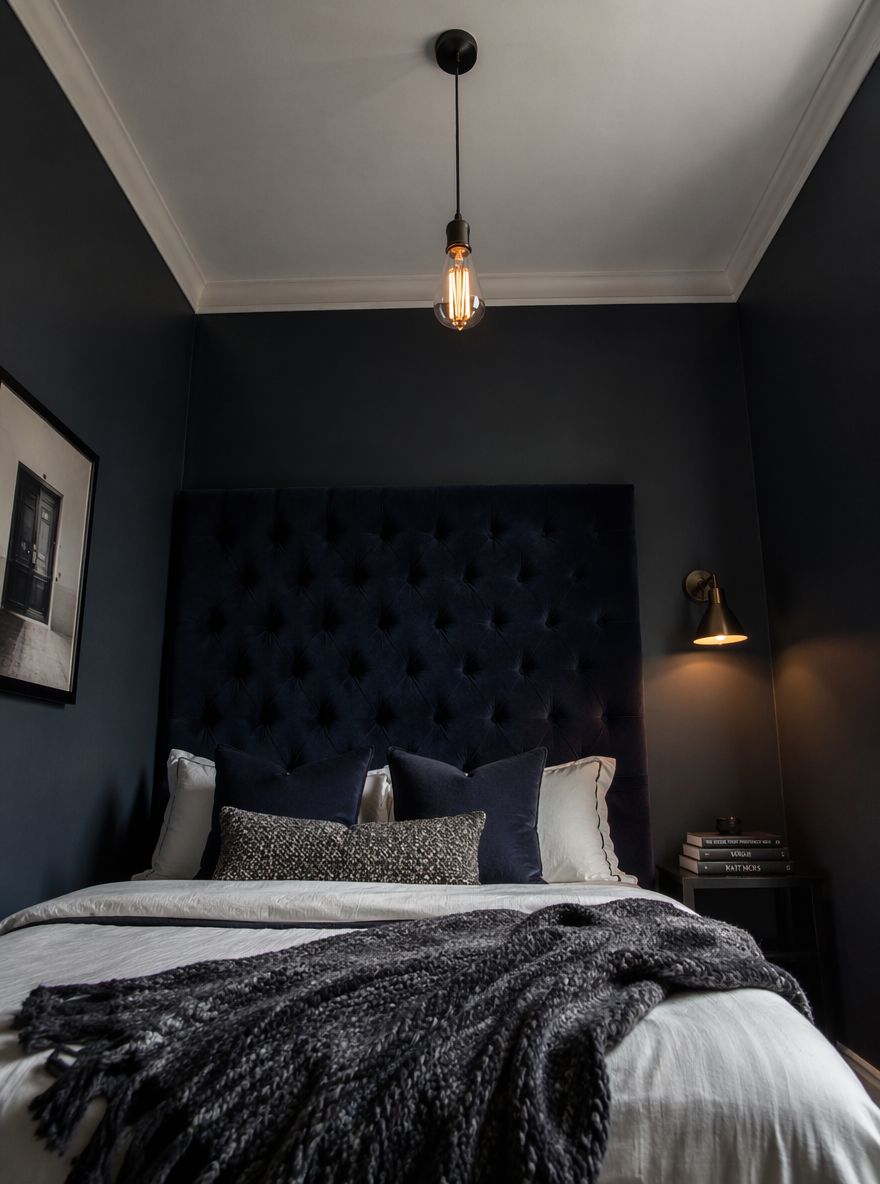 Testiera blu navy a tutta altezza con lampada a sospensione