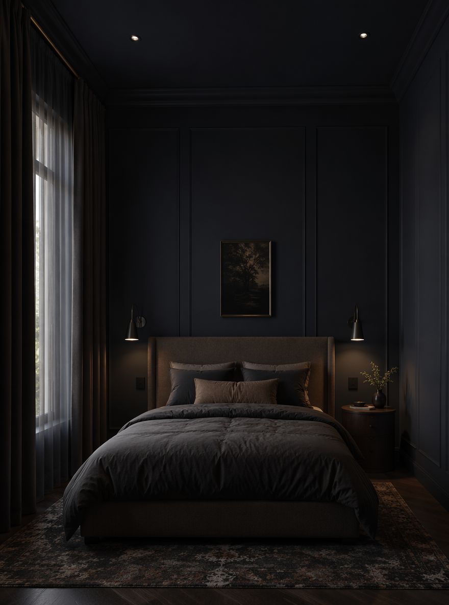 Colore navy dal soffitto al pavimento con testiera alta