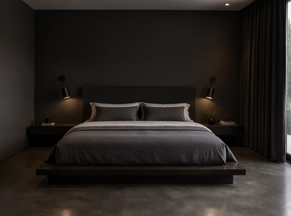 Camera da letto minimal scura con applique nere opache