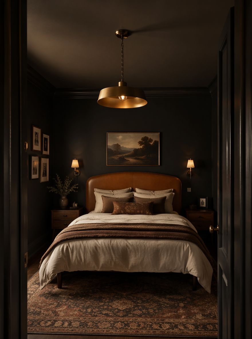 Testiera in pelle caramello curva sotto lampadario in ottone anticato