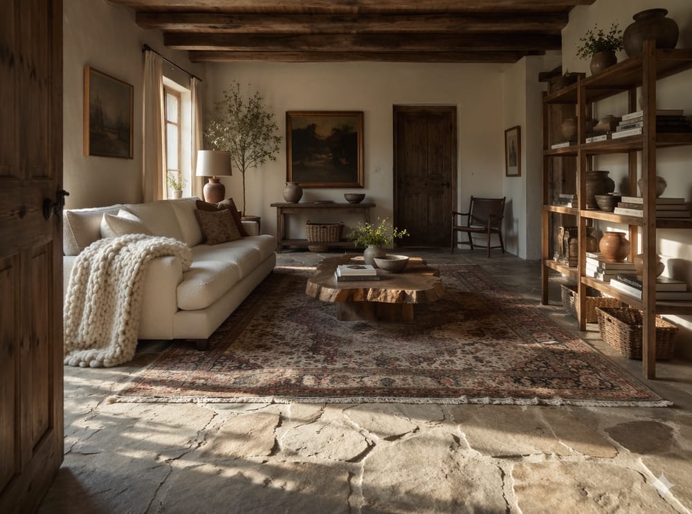 Mesa de centro de madera natural sobre alfombras terrosas superpuestas