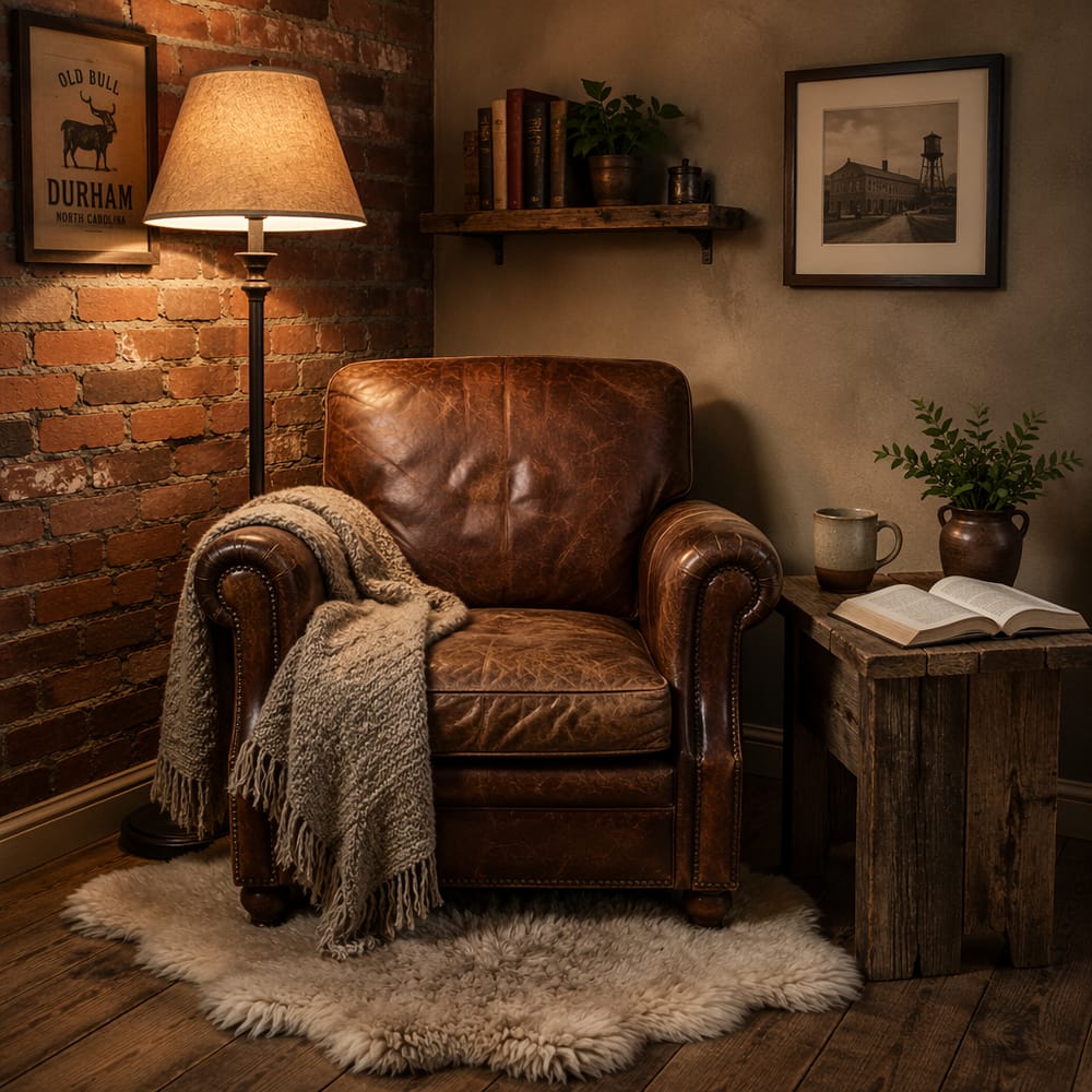 Rincón de lectura con sillón de cuero y alfombra de piel de oveja