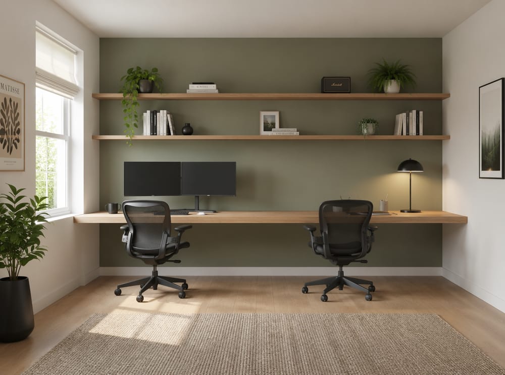 Escritorio de pared completa con asientos compartidos para dos personas