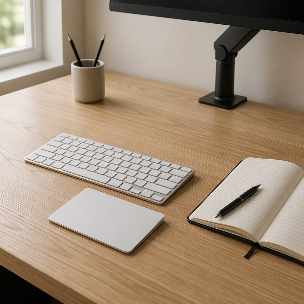 Detalle de superficie de escritorio, solo teclado y cuaderno