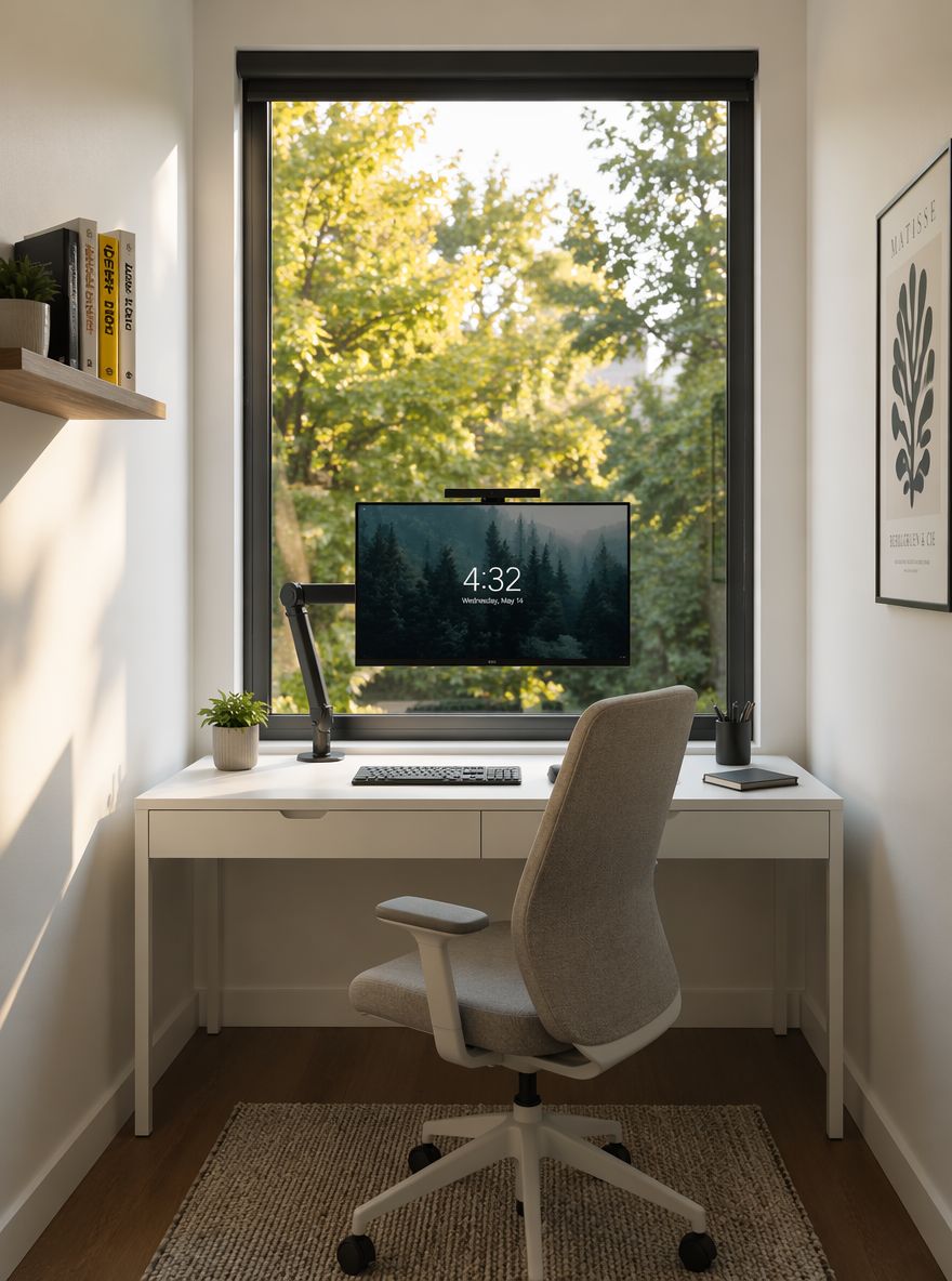 Escritorio perpendicular a una gran ventana de pared trasera