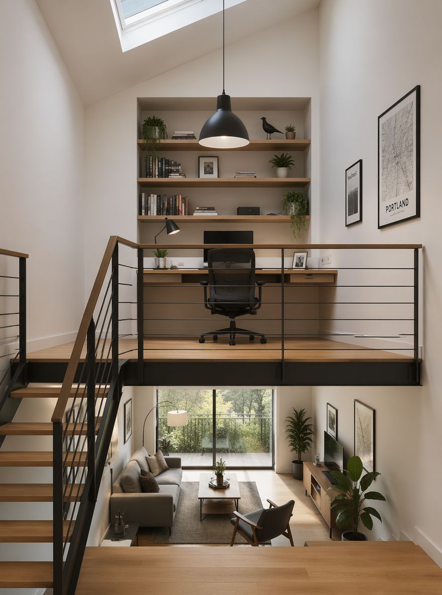 Escritorio en nivel mezzanine con vista al cuarto inferior