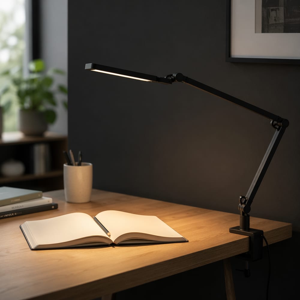 Lámpara articulada proyecta luz cálida sobre un cuaderno