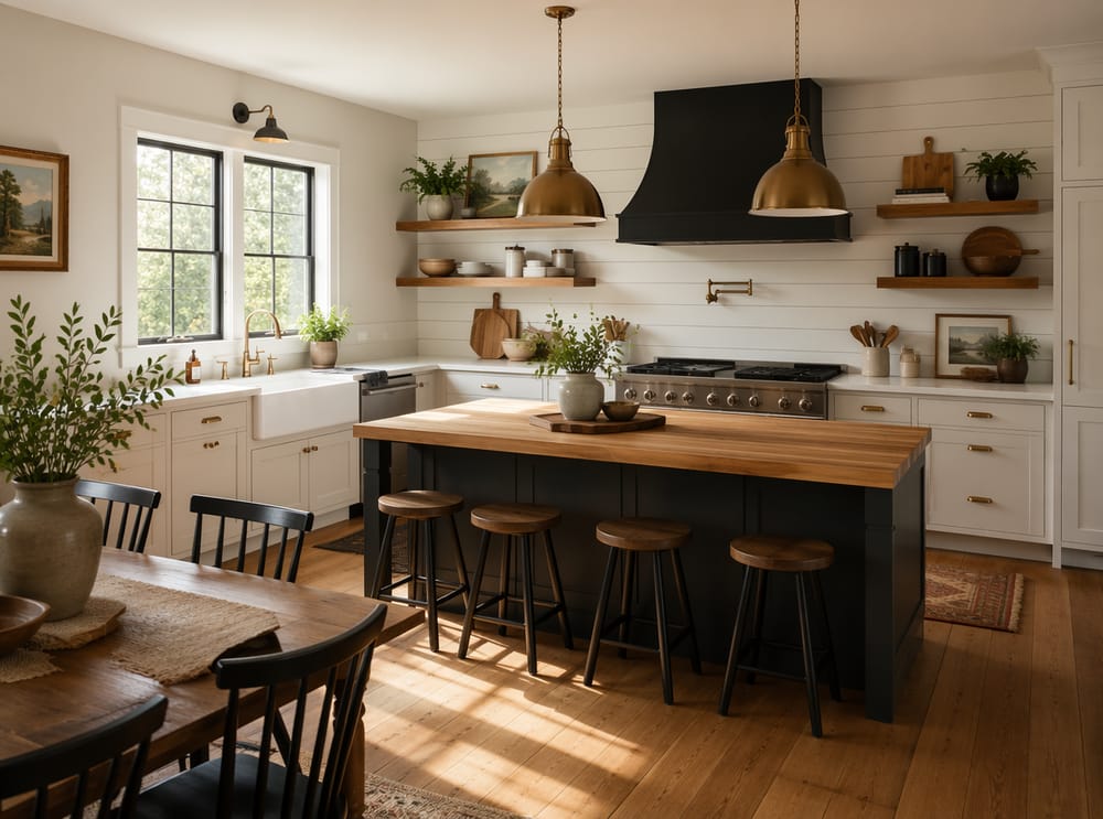 Pared de cocina con listones y estantería abierta arriba