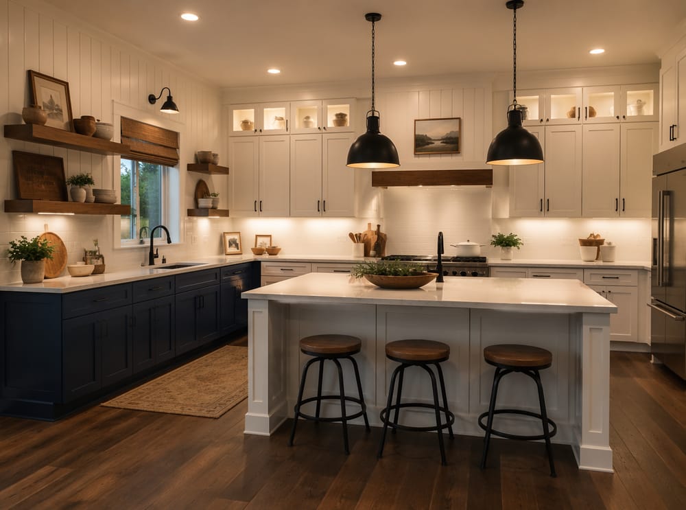 Cocina en L con combinación de armarios azul marino y blancos