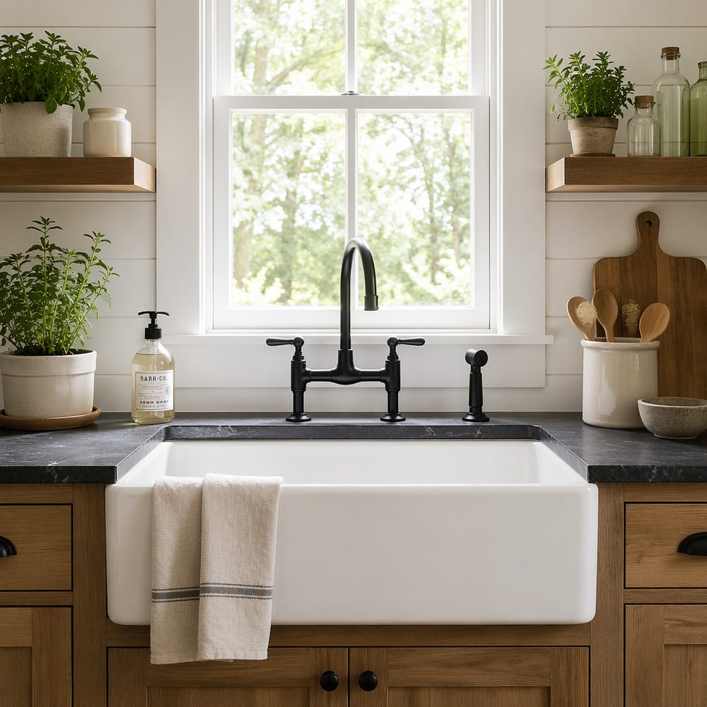 Fregadero de fireclay con grifo puente negro mate
