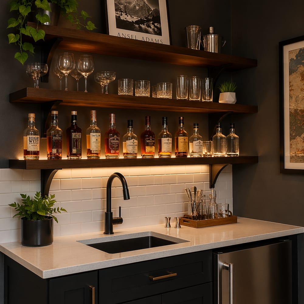 Angolo bar con mensole aperte e illuminazione LED