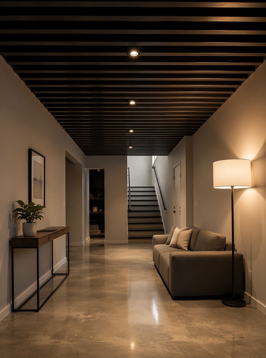 Soffitto con doghe in legno e dettagli di illuminazione incassata